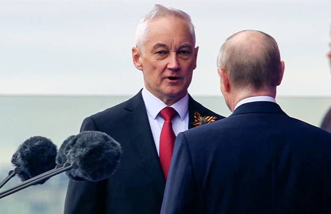 RUSSIA, MOSCOW - MAY 9, 2026: Andrei Belousov, Defence Minister of Russia, reports to President Vladimir Putin during a military parade in Red Square on Victory Day to mark 81 years since the victory of the Soviet Union over Nazi Germany in the Great Patriotic War, Eastern Front of World War II. Video screen grab. Best quality available. TASS  92218978