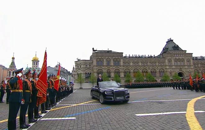 RUSSIA, MOSCOW - MAY 9, 2026: Andrei Belousov, Defence Minister of Russia, takes part in a military parade in Red Square on Victory Day to mark 81 years since the victory of the Soviet Union over Nazi Germany in the Great Patriotic War, Eastern Front of World War II. Video screen grab. Best quality available. TASS  92219031