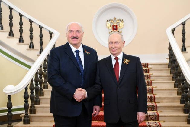 RUSSIA, MOSCOW - MAY 9, 2026: Vladimir Putin (R), President of Russia, greets his counterpart Alexander Lukashenko of Belarus at the Moscow Kremlin ahead of a military parade in Red Square on Victory Day to mark 81 years since the victory of the Soviet Union over Nazi Germany in the Great Patriotic War, Eastern Front of World War II. Grigory Sysoyev POOL TASS  92219068