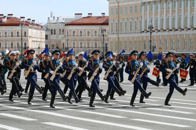 Russia Regions WWII Victory Day Parade 9160376 09.05.2026 Russian servicemen march in columns during a military parade on Victory Day, marking the 81st anniversary of the victory over Nazi Germany in World War Two, in St. Petersburg, Russia. Alexei Danichev Sputnik St. Petersburg Russia  Copyright: xAlexeixDanichevx