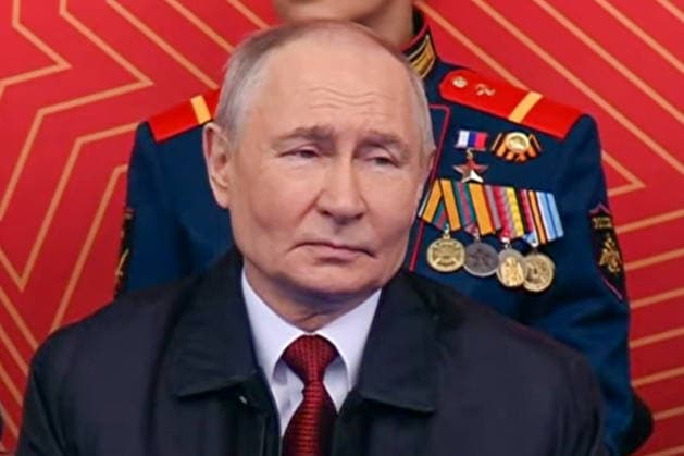 RUSSIA, MOSCOW - MAY 9, 2026: Vladimir Putin (R), President of Russia, attends a military parade in Red Square on Victory Day to mark 81 years since the victory of the Soviet Union over Nazi Germany in the Great Patriotic War, Eastern Front of World War II. Video screen grab. Best quality available. TASS  92219182