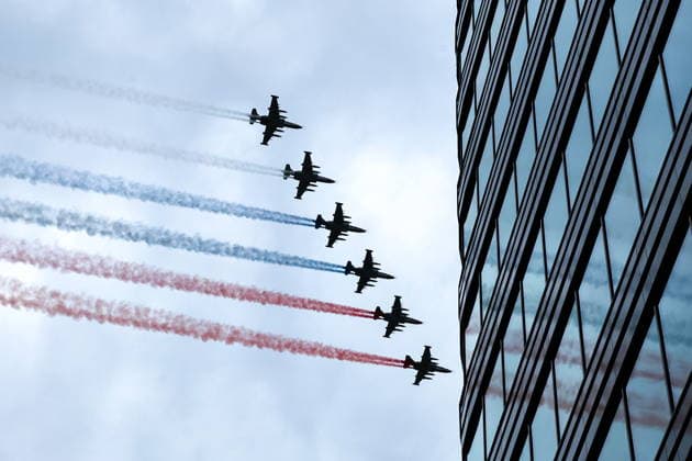 RUSSIA, MOSCOW - MAY 9, 2026: Sukhoi Su-25 attack aircraft perform during an air show on Victory Day to mark 81 years since the victory of the Soviet Union over Nazi Germany in the Great Patriotic War, Eastern Front of World War II. Video screen grab. Best quality available. TASS  92219318