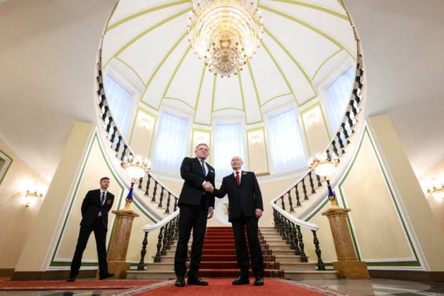 RUSSIA, MOSCOW - MAY 9, 2026: Vladimir Putin, President of Russia, greets Robert Fico (R-L), Prime Minister of Slovakia, at the Moscow Kremlin ahead of a military parade in Red Square on Victory Day to mark 81 years since the victory of the Soviet Union over Nazi Germany in the Great Patriotic War, Eastern Front of World War II. Grigory Sysoyev POOL TASS  92219299
