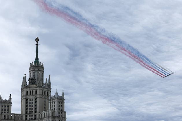 RUSSIA, MOSCOW - MAY 9, 2026: Sukhoi Su-25 attack aircraft perform during an air show on Victory Day to mark 81 years since the victory of the Soviet Union over Nazi Germany in the Great Patriotic War, Eastern Front of World War II. Sergei Bulkin TASS  92219423