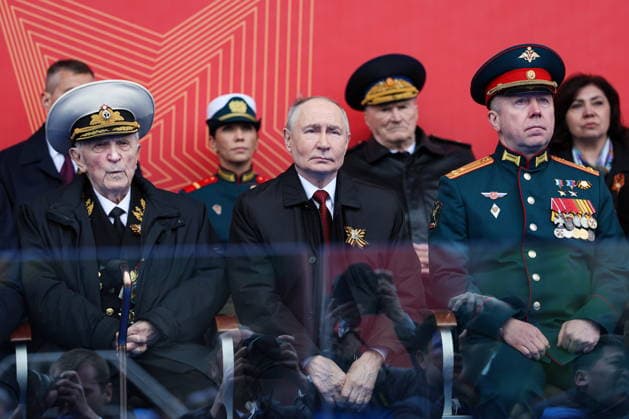 RUSSIA, MOSCOW - MAY 9, 2026: Vladimir Putin (C), President of Russia, attends a military parade in Red Square on Victory Day to mark 81 years since the victory of the Soviet Union over Nazi Germany in the Great Patriotic War, Eastern Front of World War II. Alexander Shcherbak TASS  92219425