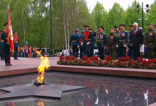 RUSSIA, MOSCOW - MAY 9, 2026: Andrei Belousov (2nd R), Defence Minister of Russia, attends a ceremony to lay wreaths and flowers at the Tomb of the Unknown Soldier by the Moscow Kremlin Wall on Victory Day and mark 81 years since the victory of the Soviet Union over Nazi Germany in the Great Patriotic War, Eastern Front of World War II. Video screen grab. Best quality available. TASS  92219316