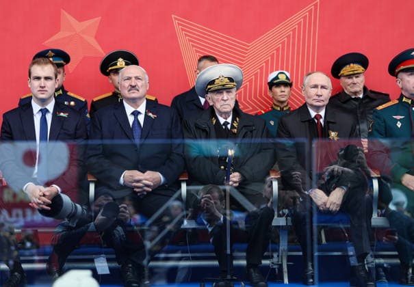 RUSSIA, MOSCOW - MAY 9, 2026: Vladimir Putin (R), President of Russia, Alexander Lukashenko (2nd L), President of Belarus, and his son Nikolai (L) attend a military parade in Red Square on Victory Day to mark 81 years since the victory of the Soviet Union over Nazi Germany in the Great Patriotic War, Eastern Front of World War II. Alexander Shcherbak TASS  92219612