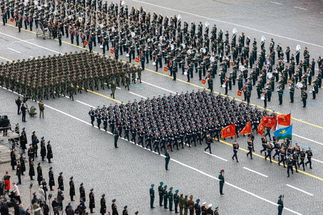 RUSSIA, MOSCOW - MAY 9, 2026: Service members march in formation during a military parade in Red Square on Victory Day to mark 81 years since the victory of the Soviet Union over Nazi Germany in the Great Patriotic War, Eastern Front of World War II. Vladimir Smirnov TASS  92219946