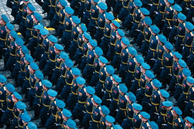 RUSSIA, MOSCOW - MAY 9, 2026: Service members march in formation during a military parade in Red Square on Victory Day to mark 81 years since the victory of the Soviet Union over Nazi Germany in the Great Patriotic War, Eastern Front of World War II. Vladimir Smirnov TASS  92219949