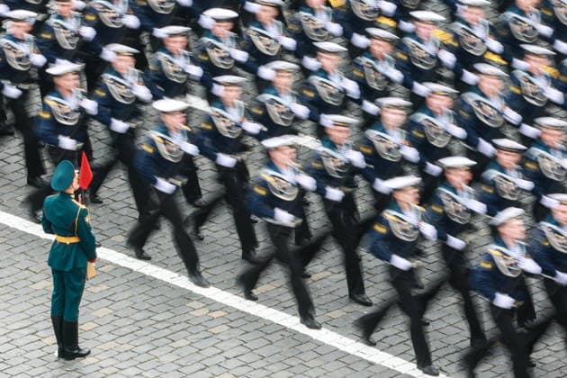 RUSSIA, MOSCOW - MAY 9, 2026: Service members march in formation during a military parade in Red Square on Victory Day to mark 81 years since the victory of the Soviet Union over Nazi Germany in the Great Patriotic War, Eastern Front of World War II. Vladimir Smirnov TASS  92219951