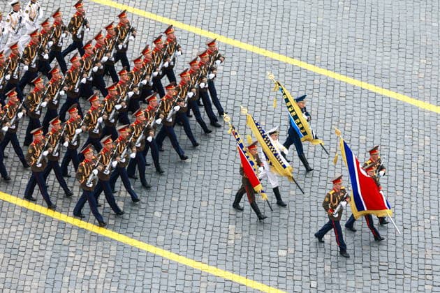 RUSSIA, MOSCOW - MAY 9, 2026: Service members march in formation during a military parade in Red Square on Victory Day to mark 81 years since the victory of the Soviet Union over Nazi Germany in the Great Patriotic War, Eastern Front of World War II. Vladimir Smirnov TASS  92219953