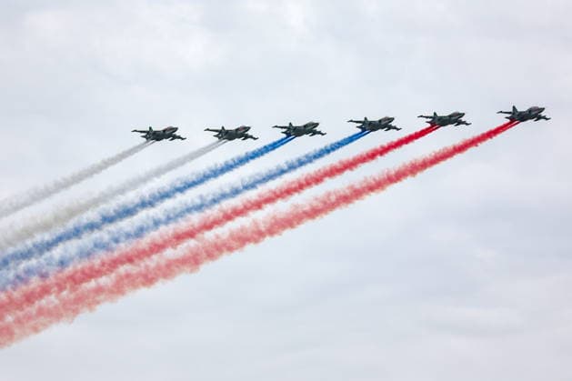 RUSSIA, MOSCOW - MAY 9, 2026: Sukhoi Su-25 attack aircraft perform during an air show on Victory Day to mark 81 years since the victory of the Soviet Union over Nazi Germany in the Great Patriotic War, Eastern Front of World War II. Alexander Shcherbak TASS  92219979
