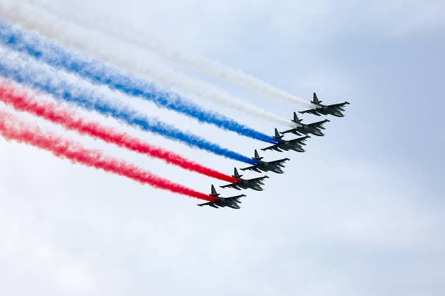 RUSSIA, MOSCOW - MAY 9, 2026: Sukhoi Su-25 attack aircraft perform during an air show on Victory Day to mark 81 years since the victory of the Soviet Union over Nazi Germany in the Great Patriotic War, Eastern Front of World War II. Alexander Shcherbak TASS  92219982