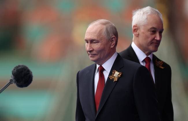 Russia WWII Victory Day Parade 9160633 09.05.2026 Russian President Vladimir Putin and Defence Minister Andrei Belousov attend a military parade on Victory Day, marking the 81st anniversary of the victory over Nazi Germany in World War Two, in Red Square, in Moscow, Russia. Alexander Shcherbak Sputnik Moscow Russia  Copyright: xAlexanderxShcherbakx