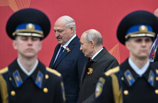 Russia WWII Victory Day Parade 9160617 09.05.2026 Russian President Vladimir Putin and Belarusian President Alexander Lukashenko arrives to attend a military parade on Victory Day, marking the 81st anniversary of the victory over Nazi Germany in World War Two, in Red Square, in Moscow, Russia. Yuri Kochetkov Sputnik Moscow Russia  Copyright: xYurixKochetkovx