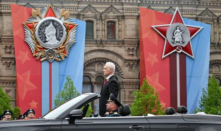 Russia WWII Victory Day Parade 9160648 09.05.2026 Russian Defence Minister Andrei Belousov takes part in a military parade on Victory Day, marking the 81st anniversary of the victory over Nazi Germany in World War Two, in Red Square, in Moscow, Russia. Yuri Kochetkov Sputnik Moscow Russia  Copyright: xYurixKochetkovx