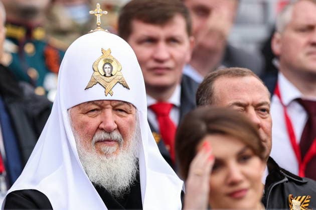 RUSSIA, MOSCOW - MAY 9, 2026: Patriarch Kirill (L) of Moscow and All Russia, and Dmitry Medvedev, Deputy Chairman of the Russian Security Council, Chairman of United Russia, attend a military parade in Red Square on Victory Day to mark 81 years since the victory of the Soviet Union over Nazi Germany in the Great Patriotic War, Eastern Front of World War II. Alexander Shcherbak TASS  92220086