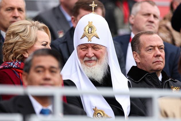 RUSSIA, MOSCOW - MAY 9, 2026: Valentina Matvienko, Speaker of the Russian Federation Council, Patriarch Kirill of Moscow and All Russia, and Dmitry Medvedev (L-R), Deputy Chairman of the Russian Security Council, Chairman of United Russia, attend a military parade in Red Square on Victory Day to mark 81 years since the victory of the Soviet Union over Nazi Germany in the Great Patriotic War, Eastern Front of World War II. Alexander Shcherbak TASS  92220087