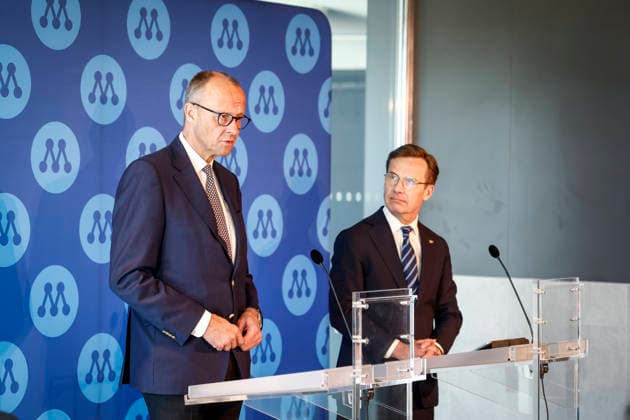 STOCKHOLM, SWEDEN 20260509 Friedrich Merz L , CDU Chairman and German Chancellor, and Swedish Prime Minister Ulf Kristersson, the Moderate Party leader, give a joint press conference at the party s annual convention at Stockholm Waterfront Congress Centre in Stockholm, Sweden, on May 9, 2026 STOCKHOLM SWEDEN x60160x  Copyright: xStefanxJerrevang TTx SWEDEN GERMANY DIPLOMACY AG_-2mDaaTA