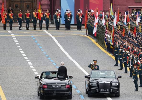 Russia WWII Victory Day Parade 9160781 09.05.2026 Russian Defence Minister Andrei Belousov and Parade commander, Colonel General Andrei Mordvichev take part in a military parade on Victory Day, marking the 81st anniversary of the victory over Nazi Germany in World War Two, in Red Square, in Moscow, Russia. Alexander Vilf Sputnik Moscow Russia  Copyright: xAlexanderxVilfx