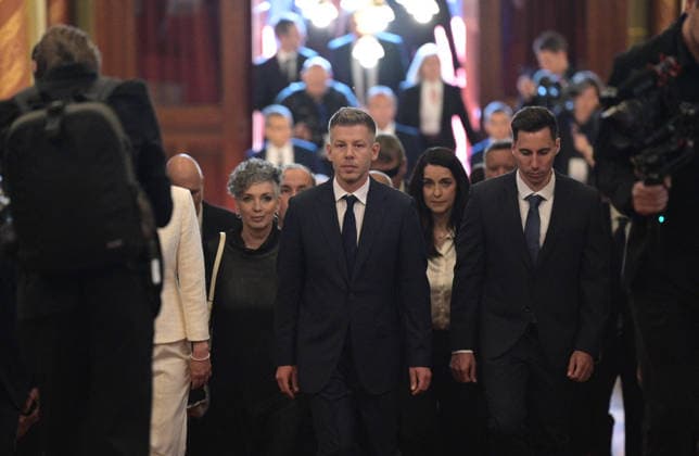 Lawmakers attend the inaugural session of the Hungarian Parliament BUDAPEST, HUNGARY - MAY 9: Peter Magyar and his party members arrive to the parliament as lawmakers get ready to attend the inaugural session of the Hungarian Parliament, where Peter Magyar is set to be elected as the country s new prime minister, in Budapest, Hungary on 9 May 2026. Magyar Peter s center-right Tisza party secured a decisive victory in the April 12 elections, winning 141 of the 199 parliamentary seats. Robert Nemeti Anadolu Budapest Hungary. Editorial use only. Please get in touch for any other usage.  Copyright: x2026xAnadoluxRobertxNemetix