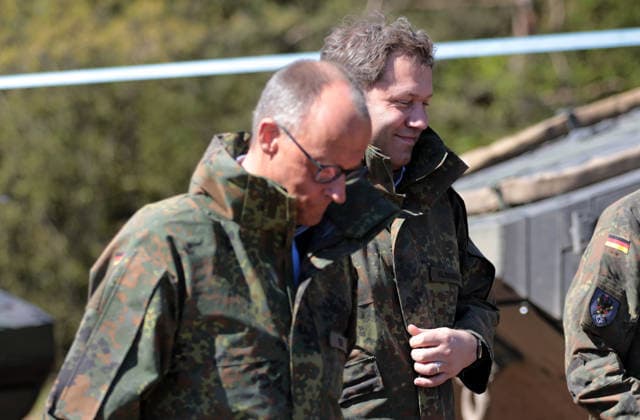 Federal Chancellor Friedrich Merz CDU and Vice Chancellor Lars Klingbeil SPD in camouflage jackets in Munster Federal Chancellor Friedrich Merz CDU and Vice Chancellor Lars Klingbeil SPD in camouflage jackets in Munster Munster Lower Saxony Germany