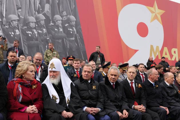 Russia WWII Victory Day Parade 9160814 09.05.2026 Russian Federation Council Speaker Valentina Matvienko, Patriarch Kirill of Moscow and All Russia, Deputy Chairman of the Russian Security Council Dmitry Medvedev, Security Council Secretary Sergei Shoigu and First Deputy Prime Minister Denis Manturov wait before a military parade on Victory Day, marking the 81st anniversary of the victory over Nazi Germany in World War Two, in Red Square, in Moscow, Russia. Ekaterina Shtukina Sputnik Moscow Russia  Copyright: xEkaterinaxShtukinax