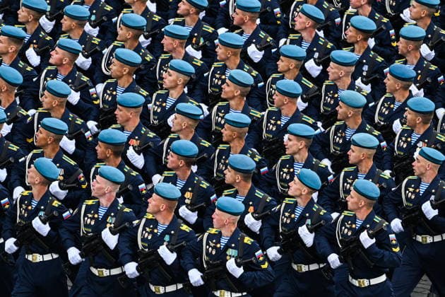 RUSSIA, MOSCOW - MAY 9, 2026: Cadets with General Margelov Higher Airborne Command School march in formation during a military parade in Red Square on Victory Day to mark 81 years since the victory of the Soviet Union over Nazi Germany in the Great Patriotic War, Eastern Front of World War II. Kristina Solovyova POOL TASS  92221620