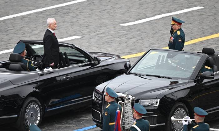 Russia WWII Victory Day Parade 9160993 09.05.2026 Russian Defence Minister Andrei Belousov and Parade commander, Colonel General Andrei Mordvichev take part in a military parade on Victory Day, marking the 81st anniversary of the victory over Nazi Germany in World War Two, in Red Square, in Moscow, Russia. Kristina Solovyova Sputnik Moscow Russia  Copyright: xKristinaxSolovyovax