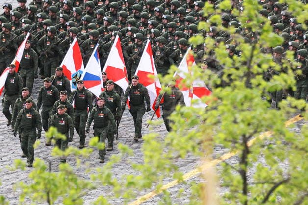 RUSSIA, MOSCOW - MAY 9, 2026: Servicemen march in formation during a military parade in Red Square on Victory Day to mark 81 years since the victory of the Soviet Union over Nazi Germany in the Great Patriotic War, Eastern Front of World War II. Vladimir Smirnov TASS  92220422