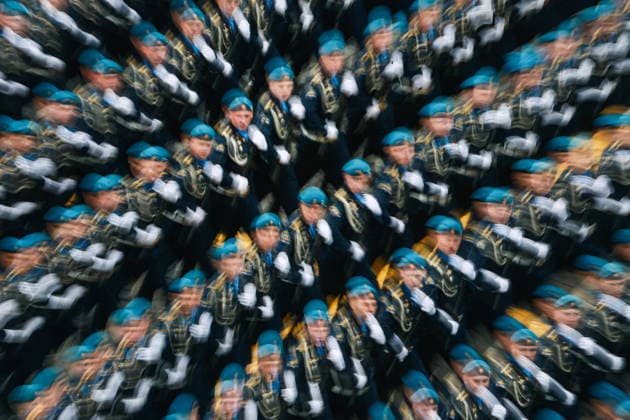 RUSSIA, MOSCOW - MAY 9, 2026: Service members march in formation during a military parade in Red Square on Victory Day to mark 81 years since the victory of the Soviet Union over Nazi Germany in the Great Patriotic War, Eastern Front of World War II. Vladimir Smirnov TASS  92220708
