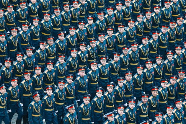 RUSSIA, MOSCOW - MAY 9, 2026: Service members march in formation during a military parade in Red Square on Victory Day to mark 81 years since the victory of the Soviet Union over Nazi Germany in the Great Patriotic War, Eastern Front of World War II. Vladimir Smirnov TASS  92221032