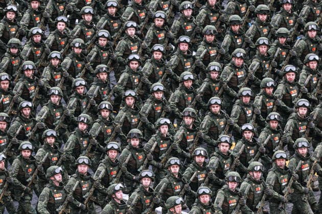 RUSSIA, MOSCOW - MAY 9, 2026: Servicemen with the Unmanned Systems Forces march in formation during a military parade in Red Square on Victory Day to mark 81 years since the victory of the Soviet Union over Nazi Germany in the Great Patriotic War, Eastern Front of World War II. Vladimir Smirnov TASS  92221036