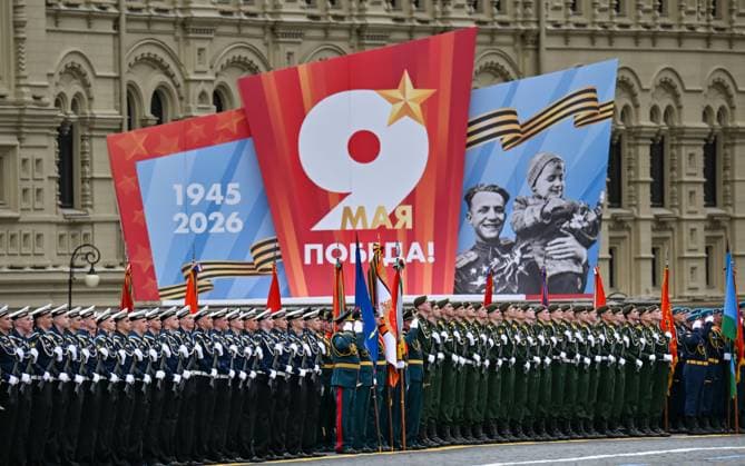 Russia WWII Victory Day Parade 9161043 09.05.2026 Russian servicemen take part in a military parade on Victory Day, marking the 81st anniversary of the victory over Nazi Germany in World War Two, in Red Square, in Moscow, Russia. Yuri Kochetkov Sputnik Moscow Russia  Copyright: xYurixKochetkovx