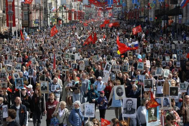 Russia WWII Immortal Regiment Campaign 9160955 09.05.2026 People attend the Immortal Regiment march as part of celebrations of the Victory Day, marking the 81st anniversary of the victory over Nazi Germany in World War Two, in St. Petersburg, Russia. Artem Pryahin Sputnik St. Petersburg Russia  Copyright: xArtemxPryahinx