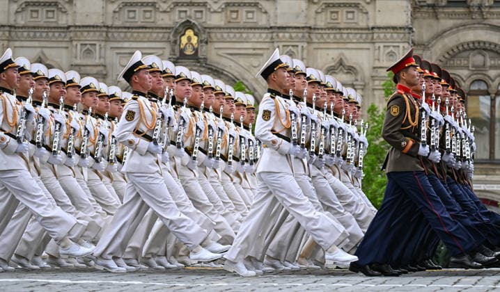 Russia WWII Victory Day Parade 9161071 09.05.2026 North Korean servicemen march in columns during a military parade on Victory Day, marking the 81st anniversary of the victory over Nazi Germany in World War Two, in Red Square, in Moscow, Russia. Yuri Kochetkov Sputnik Moscow Russia  Copyright: xYurixKochetkovx