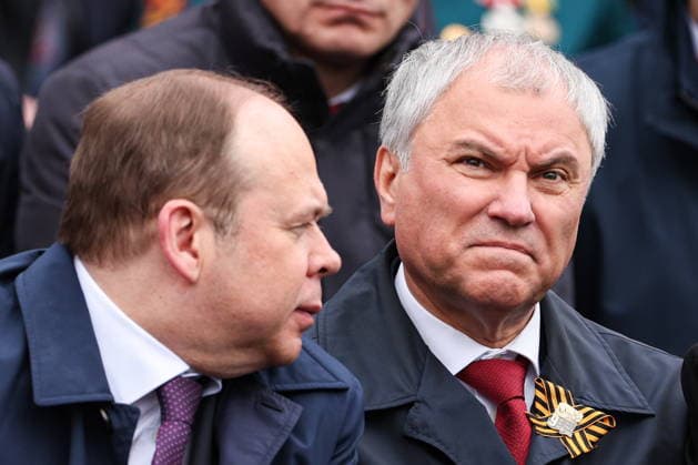 RUSSIA, MOSCOW - MAY 9, 2026: Vyacheslav Volodin (R), Speaker of the Russian State Duma, and Anton Vaino, Chief of Staff, Russian Presidential Executive Office, attend a military parade in Red Square on Victory Day to mark 81 years since the victory of the Soviet Union over Nazi Germany in the Great Patriotic War, Eastern Front of World War II Moscow Russia  - ZUMAt113 20260509_zaa_t113_612 Copyright: xAlexanderxShcherbakx