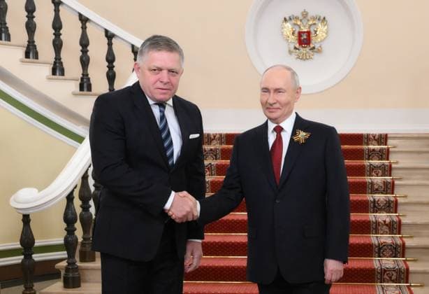 Russia WWII Victory Day Foreign Delegations Arrival 9161038 09.05.2026 Slovak Prime Minister Robert Fico is welcomed by Russian President Vladimir Putin on Victory Day, marking the 81st anniversary of the victory over Nazi Germany in World War Two, at the Kremlin in Moscow, Russia. Grigory Sysoev Sputnik Moscow Russia  Copyright: xGrigoryxSysoevx