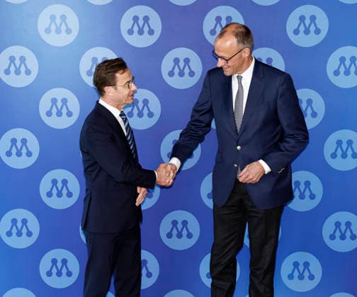 STOCKHOLM, SWEDEN 20260509 Friedrich Merz L , CDU Chairman and German Chancellor, and Swedish Prime Minister Ulf Kristersson, the Moderate Party leader, hold a joint press conference at the party s annual convention at Stockholm Waterfront Congress Centre in Stockholm, Sweden, on May 9, 2026 STOCKHOLM SWEDEN x60160x  Copyright: xStefanxJerrevang TTx MODERATERNA SVERIGEMÖTET 2026 aJ9eIeKPPM0