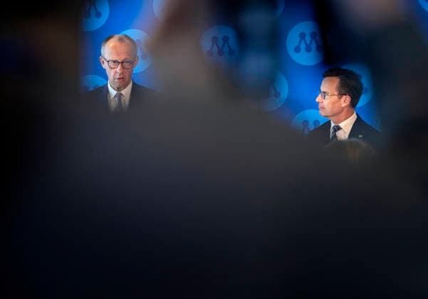 STOCKHOLM, SWEDEN 20260509 Friedrich Merz L , CDU Chairman and German Chancellor, and Swedish Prime Minister Ulf Kristersson, the Moderate Party leader, hold a joint press conference at the party s annual convention at Stockholm Waterfront Congress Centre in Stockholm, Sweden, on May 9, 2026 STOCKHOLM SWEDEN x60160x  Copyright: xStefanxJerrevang TTx MODERATERNA SVERIGEMÖTET 2026 vhEAux_360c