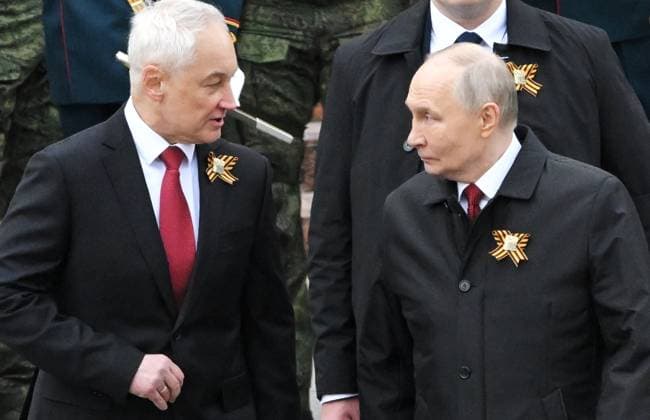 Russia WWII Victory Day Wreath Laying 9161300 09.05.2026 Russian President Vladimir Putin and Defence Minister Andrei Belousov attend a wreath-laying ceremony at the Tomb of the Unknown Soldier by the Kremlin wall on the Victory Day, marking the 81st anniversary of the victory over Nazi Germany in World War Two, in Moscow, Russia. Sergey Guneev Sputnik Moscow Russia  Copyright: xSergeyxGuneevx