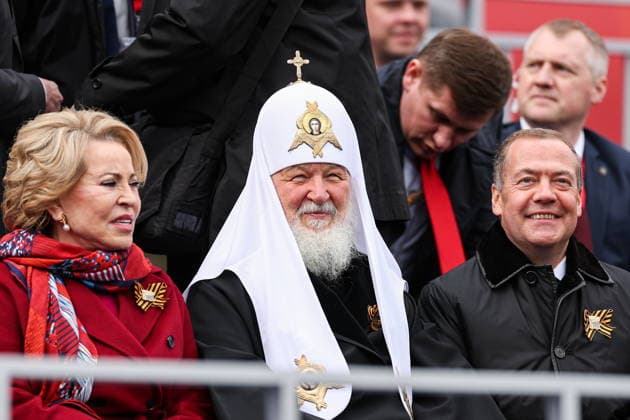 RUSSIA, MOSCOW - MAY 9, 2026: Valentina Matvienko, Speaker of the Russian Federation Council, Patriarch Kirill of Moscow and All Russia, and Dmitry Medvedev (L-R), Deputy Chairman of the Russian Security Council, Chairman of United Russia, attend a military parade in Red Square on Victory Day to mark 81 years since the victory of the Soviet Union over Nazi Germany in the Great Patriotic War, Eastern Front of World War II Moscow Russia  - ZUMAt113 20260509_zaa_t113_933 Copyright: xAlexanderxShcherbakx