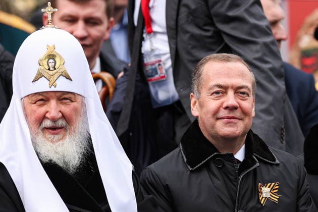 RUSSIA, MOSCOW - MAY 9, 2026: Patriarch Kirill (L) of Moscow and All Russia, and Dmitry Medvedev, Deputy Chairman of the Russian Security Council, Chairman of United Russia, arrive for a military parade in Red Square on Victory Day to mark 81 years since the victory of the Soviet Union over Nazi Germany in the Great Patriotic War, Eastern Front of World War II Moscow Russia  - ZUMAt113 20260509_zaa_t113_962 Copyright: xAlexanderxShcherbakx