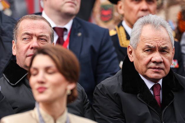 RUSSIA, MOSCOW - MAY 9, 2026: Sergei Shoigu (R), Secretary of the Russian Security Council, and Dmitry Medvedev, Deputy Chairman of the Russian Security Council, Chairman of United Russia, arrive for a military parade in Red Square on Victory Day to mark 81 years since the victory of the Soviet Union over Nazi Germany in the Great Patriotic War, Eastern Front of World War II Moscow Russia  - ZUMAt113 20260509_zaa_t113_971 Copyright: xAlexanderxShcherbakx