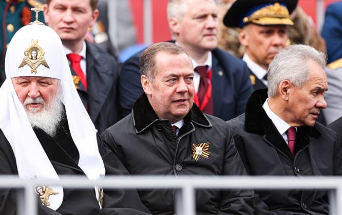 RUSSIA, MOSCOW - MAY 9, 2026: Patriarch Kirill of Moscow and All Russia, Dmitry Medvedev, Deputy Chairman of the Russian Security Council, Chairman of United Russia, and Security Council Secretary Sergei Shoigu (L-R) arrive for a military parade in Red Square on Victory Day to mark 81 years since the victory of the Soviet Union over Nazi Germany in the Great Patriotic War, Eastern Front of World War II Moscow Russia  - ZUMAt113 20260509_zaa_t113_976 Copyright: xAlexanderxShcherbakx