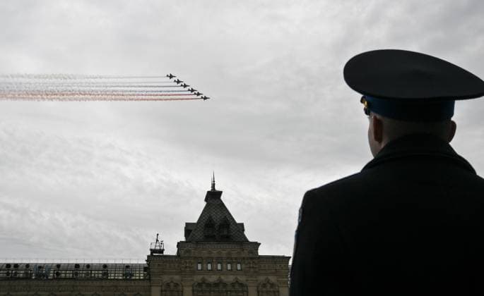 Russia WWII Victory Day Parade 9161365 09.05.2026 Russia s Su-25 jet aircraft release smoke in the colours of the Russian state flag during a military parade on Victory Day, marking the 81st anniversary of the victory over Nazi Germany in World War Two, in Moscow, Russia. Yuri Kochetkov Sputnik Moscow Russia  Copyright: xYurixKochetkovx