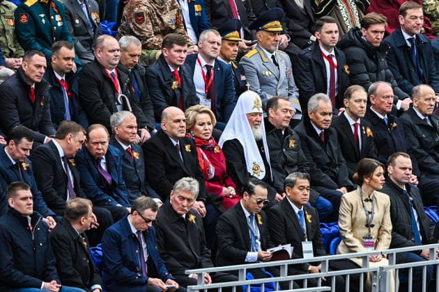 RUSSIA, MOSCOW - MAY 9, 2026: Dmitry Mironov, Alexei Dyumin, Aides to the President of Russia, Anton Vaino, Chief of Staff, Russian Presidential Executive Office, State Duma Speaker Vyacheslav Volodin, Prime Minister Mikhail Mishustin, Federation Council Speaker Valentina Matvienko, Patriarch Kirill of Moscow and All Russia, United Russia Chairman Dmitry Medvedev, Security Council Secretary Sergei Shoigu, First Deputy Prime Minister Denis Manturov, Presidential Aide Nikolai Patrushev, and Alexander Bortnikov (L-R), Head of the Federal Security Service, attend a military parade in Red Square on Victory Day to mark 81 years since the victory of the Soviet Union over Nazi Germany in the Great Patriotic War, Eastern Front of World War II. Video 92230319