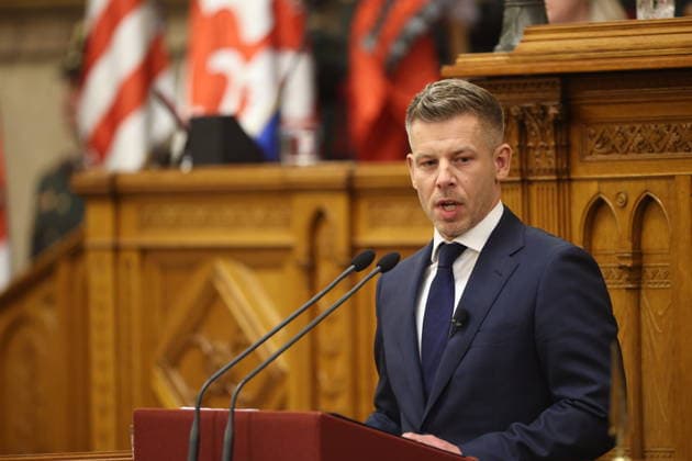 (260509) -- BUDAPEST, May 9, 2026 -- Peter Magyar, newly elected prime minister of Hungary, delivers a speech at the House of Parliament in Budapest, Hungary, on May 9, 2026. Peter Magyar, leader of Hungary s Tisza Party, was elected prime minister of Hungary in a vote at the inaugural session of the new parliament on Saturday. A total of 195 out of the 199 members of parliament cast votes, with 140 in favor, 54 against and 1 abstentions. Magyar secured the required majority to be elected prime minister, marking the start of his four-year term. In the parliamentary elections held on April 12, the Tisza Party, led by Magyar, defeated the ruling Fidesz-KDNP coalition led by Viktor Orban, winning 141 of the 199 seats and securing a two-