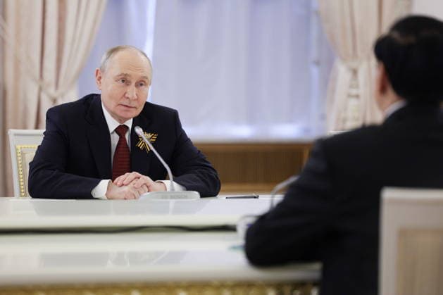 RUSSIA, MOSCOW - MAY 9, 2026: Russia s President Vladimir Putin looks on during a meeting with Laos President Thongloun Sisoulith. Gavriil Grigorov Russian Presidential Press and Information Office TASS  92232454