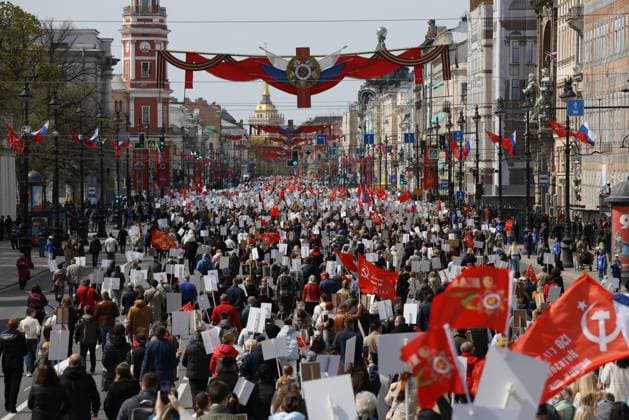 Russia WWII Immortal Regiment Campaign 9161444 09.05.2026 People attend the Immortal Regiment march as part of celebrations of the Victory Day, marking the 81st anniversary of the victory over Nazi Germany in World War Two, in St. Petersburg, Russia. Artem Pryahin Sputnik St. Petersburg Russia  Copyright: xArtemxPryahinx